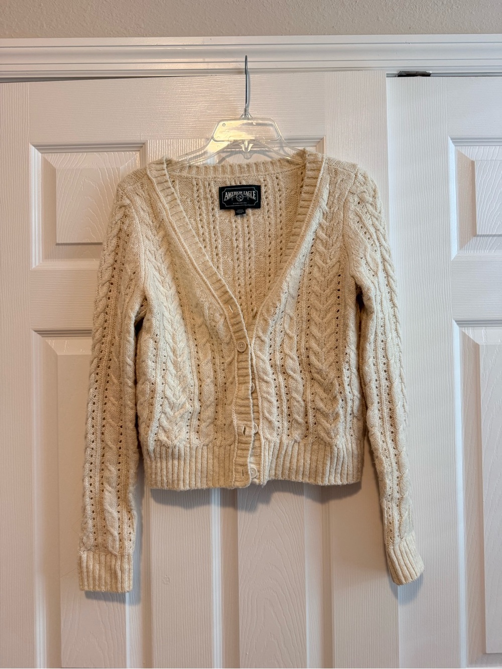 American Eagle Cream Cable Knit V-Neck Cardigan Sweater